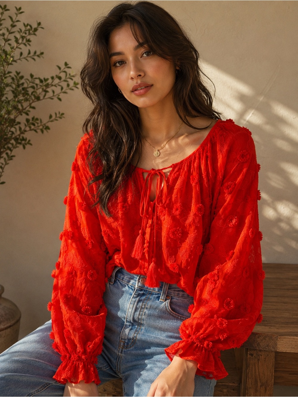LIV Los Angeles Red Floral Textured Boho Blouse Size S